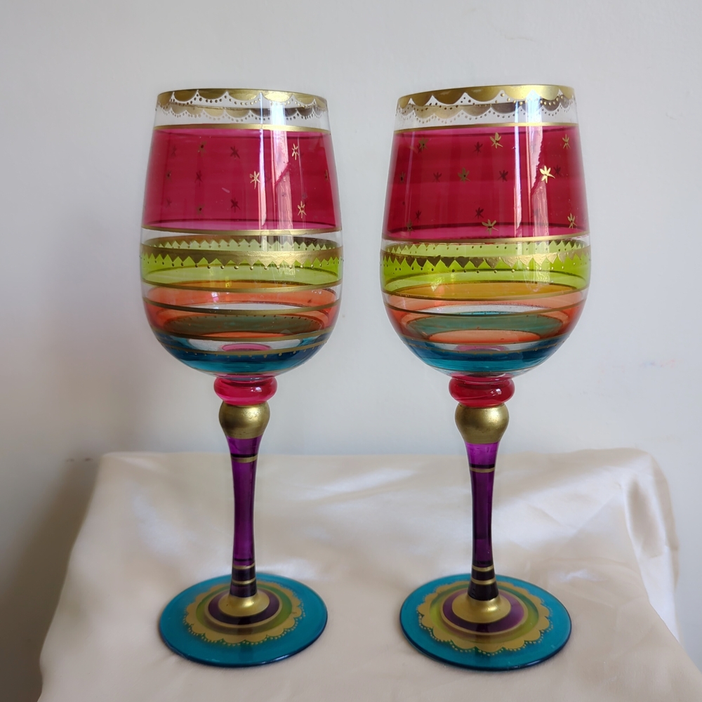 Vintage PIER 1 "Festive Stripe" Rainbow Gold Hand-Painted Wine Glass Set Pair
